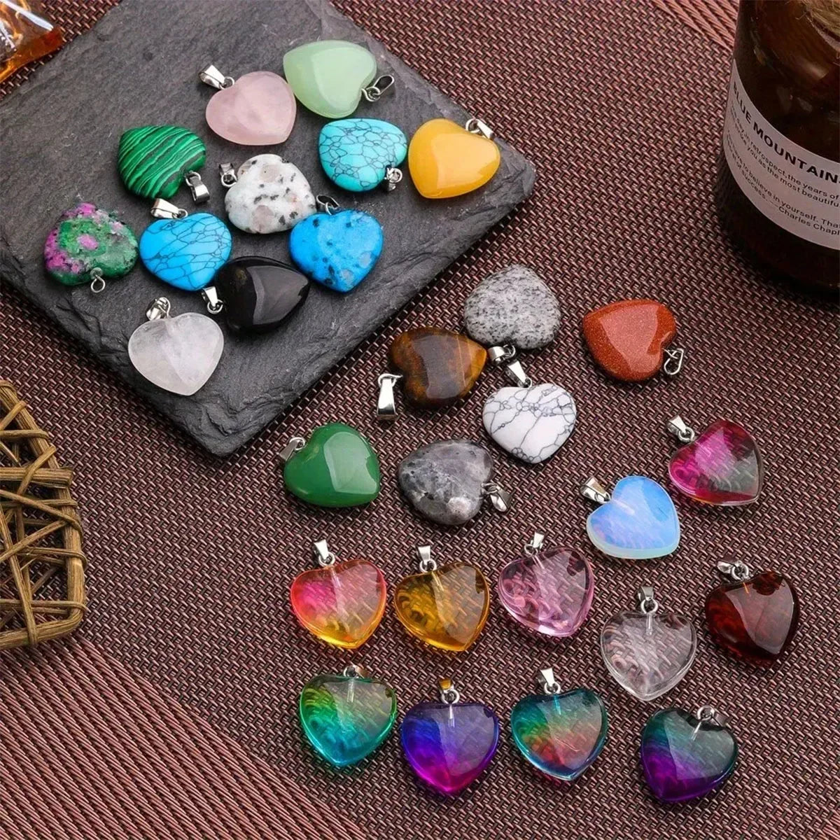 10pcs Natural Stone Crystal Heart Pendants Exquisite Jewelry Accessories In Mixed Colors Crystal Healing Stones for Diy Jewelry