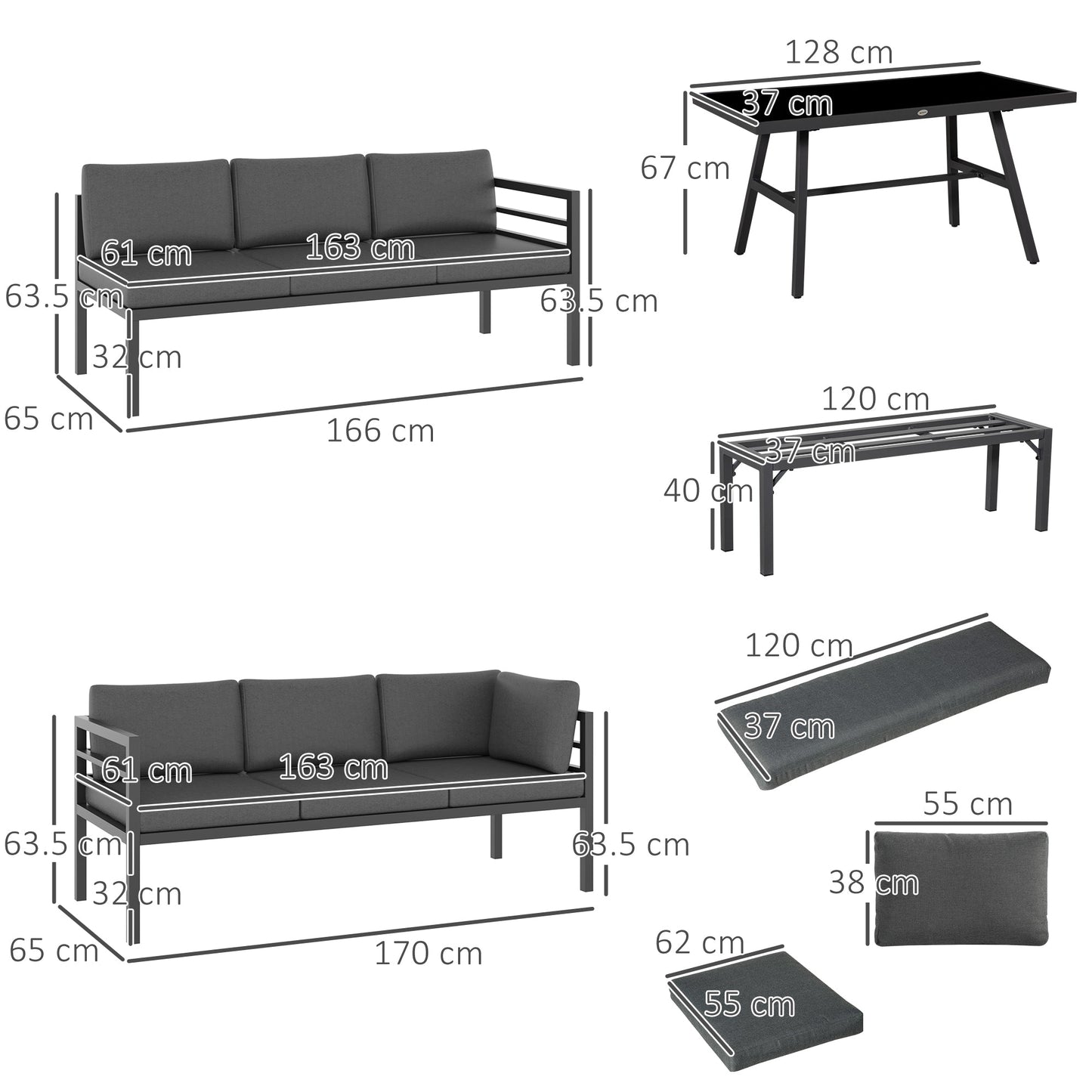4 Piece L-Shaped Aluminium Garden Furniture Set 8-Seater Grey-2