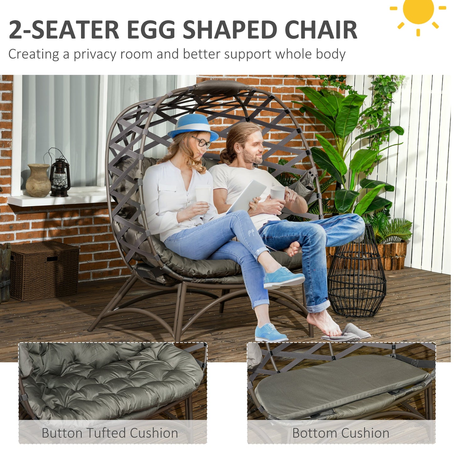 2 Seater Outdoor Egg Chair Set with Cushions and Cup Holders - Sand Brown-4