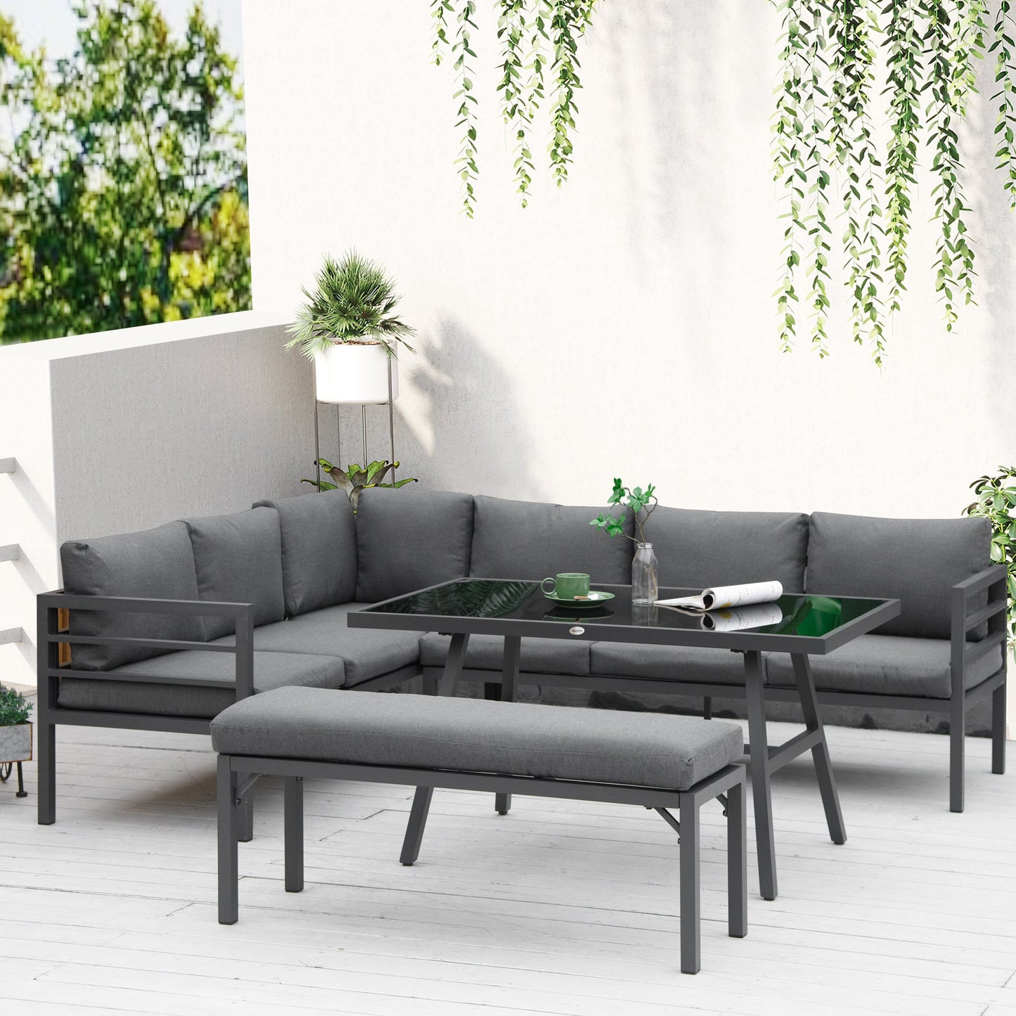 4 Piece L-Shaped Aluminium Garden Furniture Set 8-Seater Grey-1
