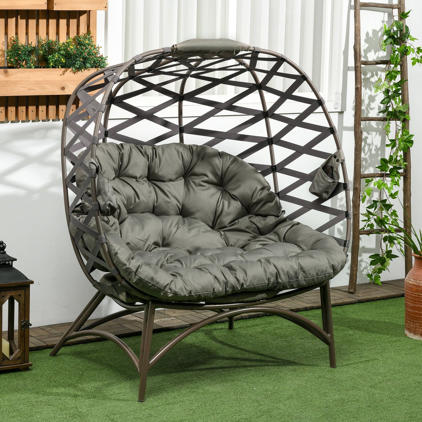 2 Seater Outdoor Egg Chair Set with Cushions and Cup Holders - Sand Brown-1
