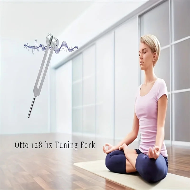 128Hz Chakra Tuning Fork with Velvet Bag Hammer & Cleaning Cloth for Meditation Yoga Sound Tool