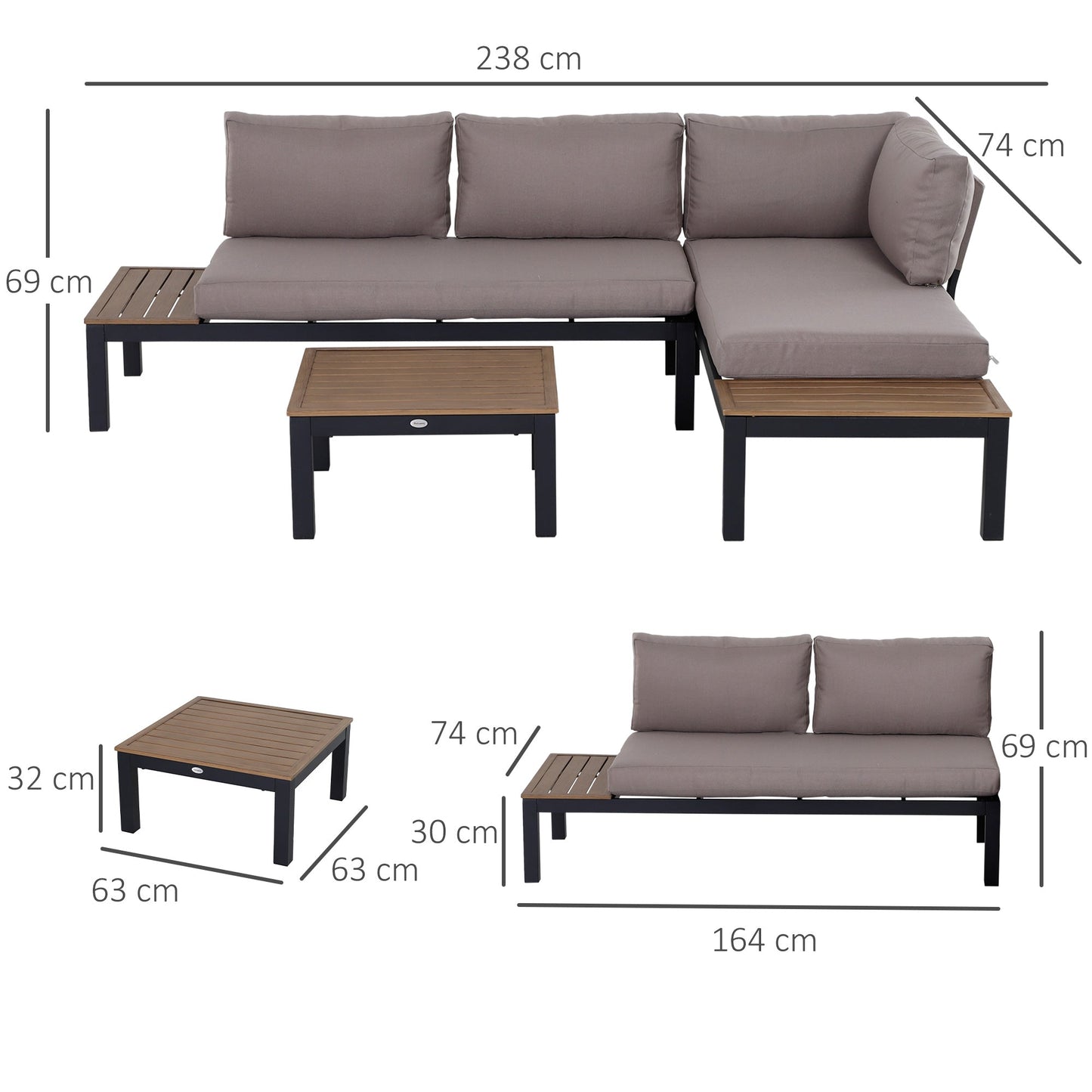 3 Piece Aluminium Frame Outdoor Garden Furniture Set - Mixed Grey-2