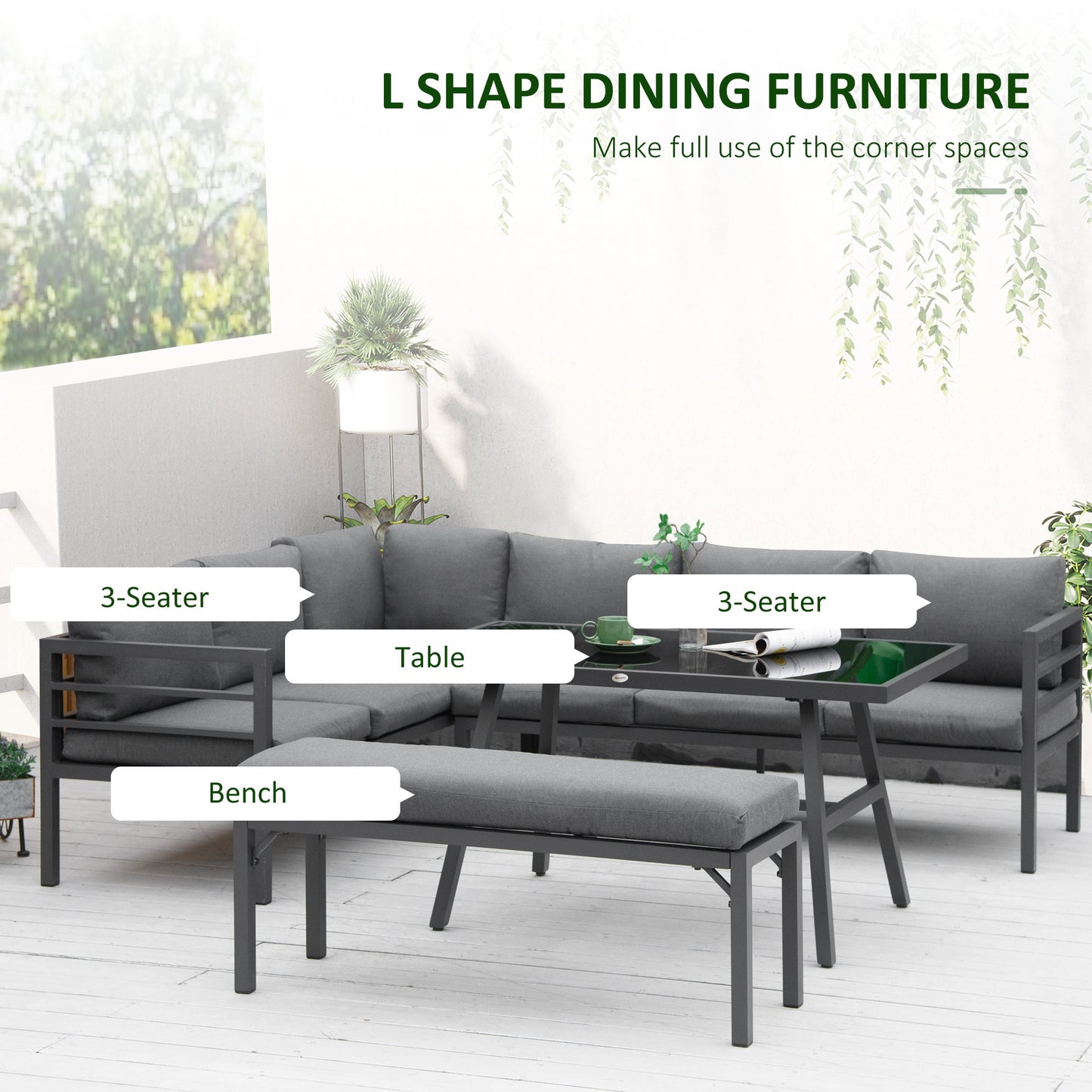 4 Piece L-Shaped Aluminium Garden Furniture Set 8-Seater Grey-3