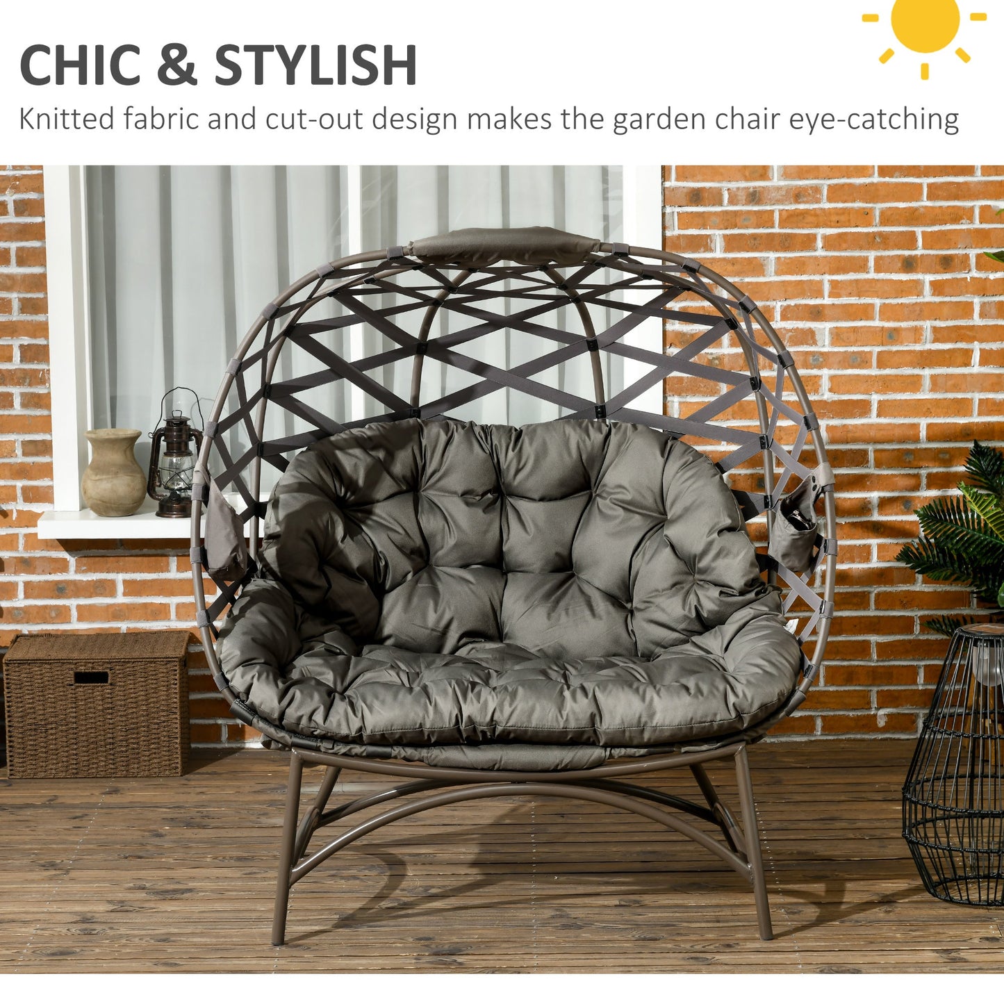 2 Seater Outdoor Egg Chair Set with Cushions and Cup Holders - Sand Brown-3