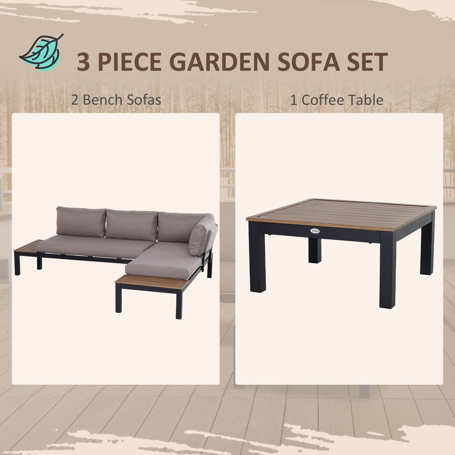 3 Piece Aluminium Frame Outdoor Garden Furniture Set - Mixed Grey-4