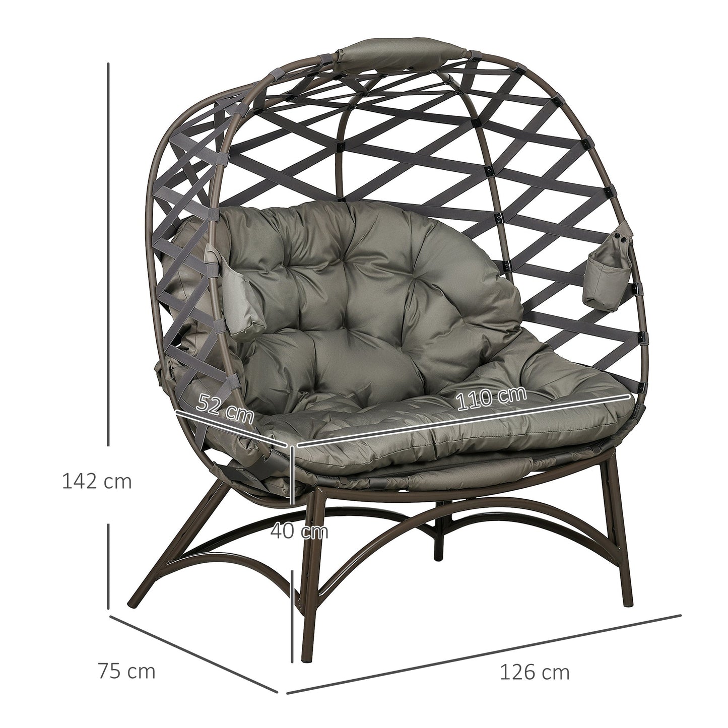 2 Seater Outdoor Egg Chair Set with Cushions and Cup Holders - Sand Brown-2
