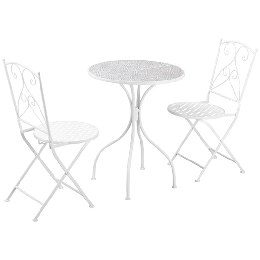3 Piece Garden Bistro Set with White Metal Mosaic Table and Chairs-0